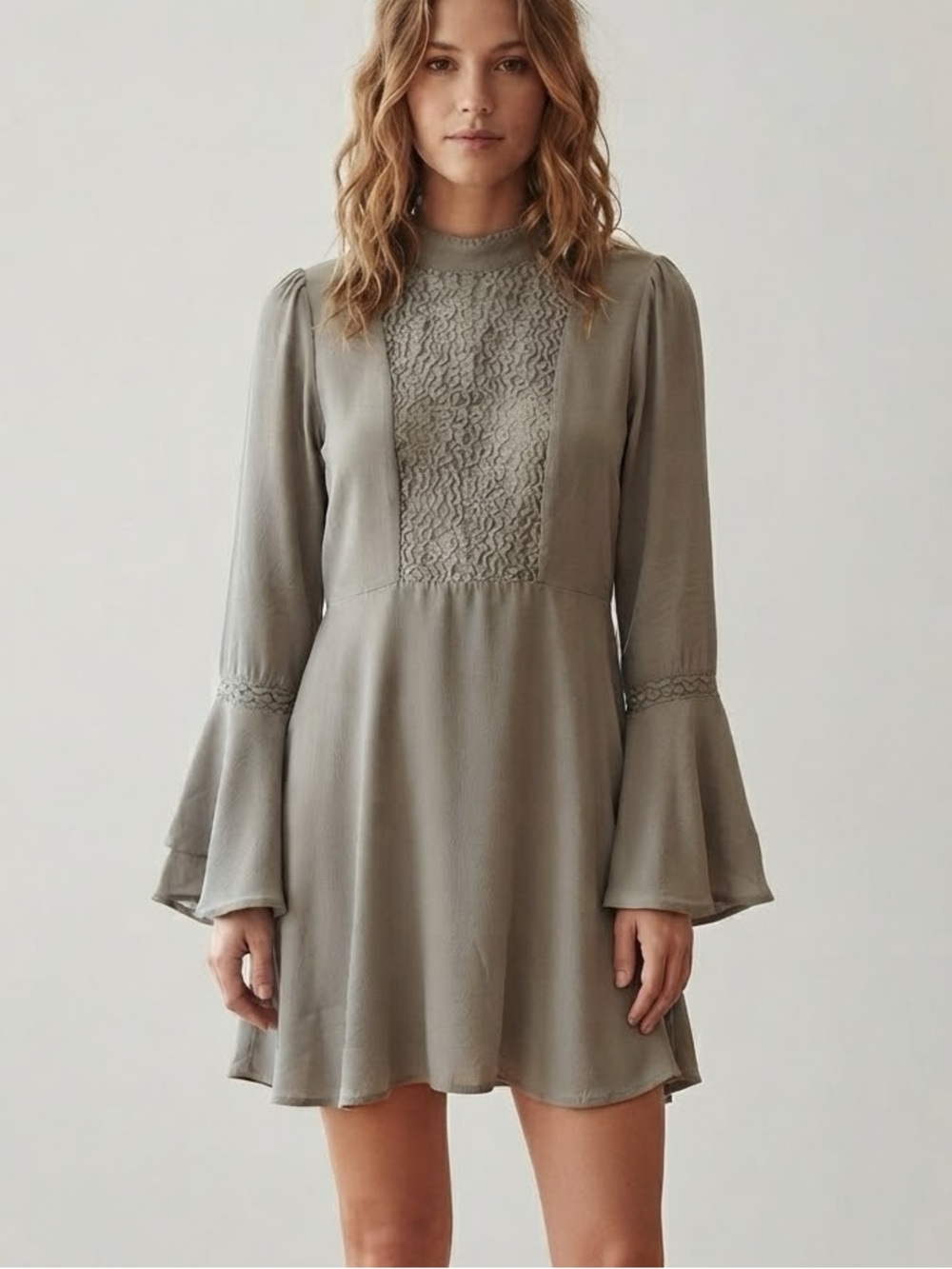 Vintage Grey Mock Neck Bell Sleeve Mini Dress Boho Indie 90s | Andre’ by unit